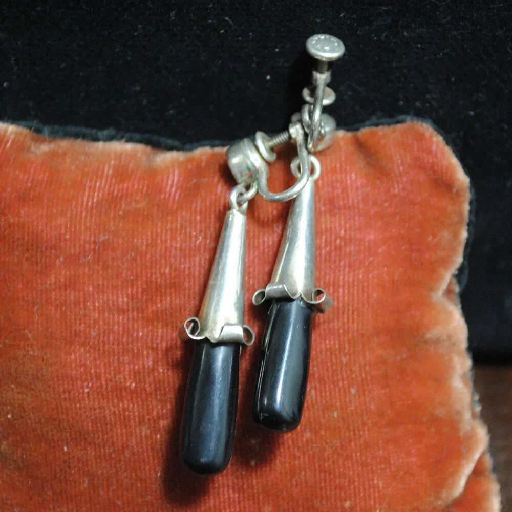 Vintage Sterling Silver Drop Screw-back Flower Earrings with Black Plastic